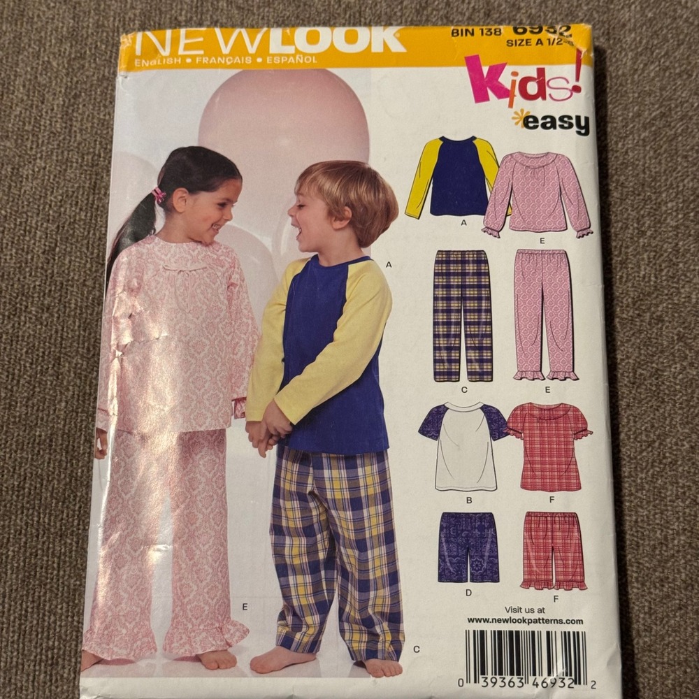New Look 6932 Kids Sewing Pattern Toddler Child Pajamas Size 1/2-8 Uncut